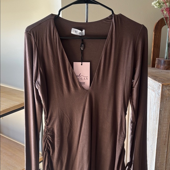 NWT Oh Polly Iskra Brown Modal Long Sleeve Mini Dress Chocolate Brown Large - Picture 6 of 9